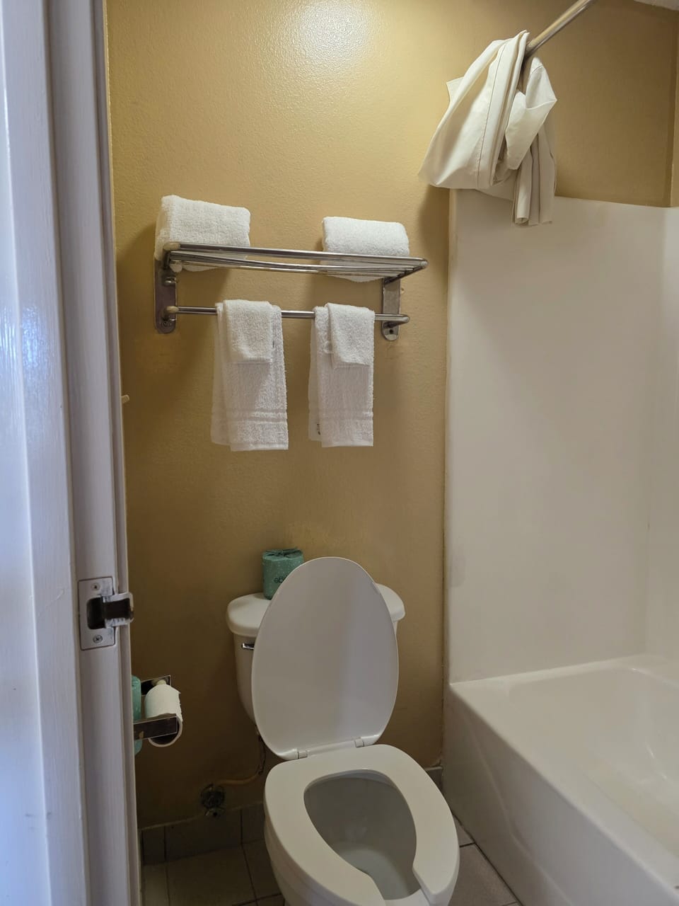 Combined shower/tub, towels, soap, shampoo