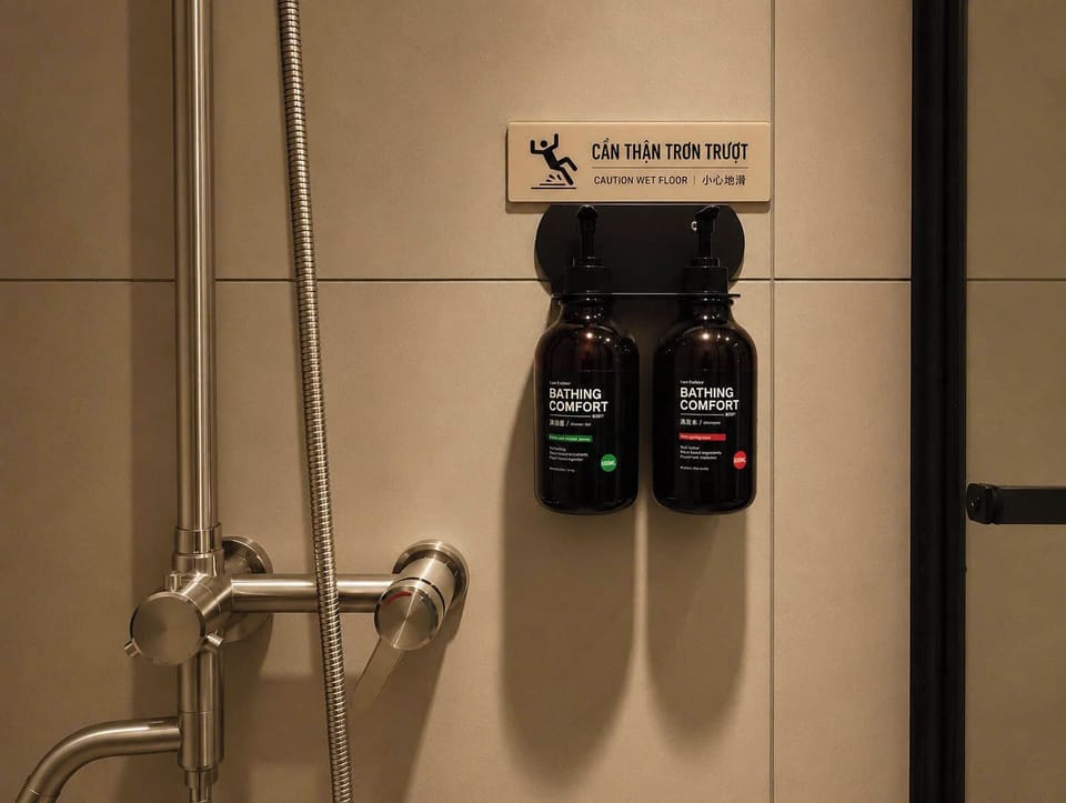 Shower, free toiletries, hair dryer, slippers