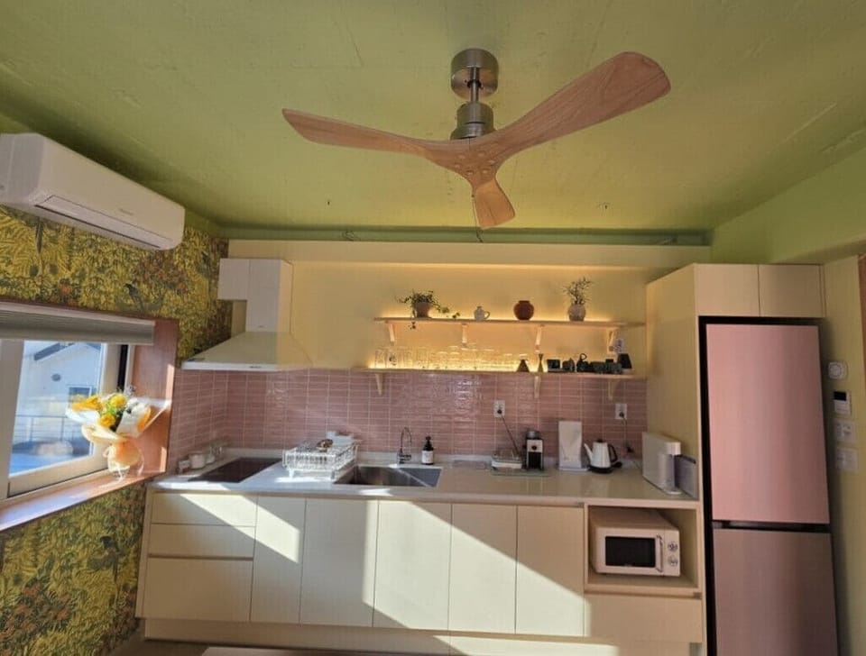Mini-fridge, microwave, cookware/dishes/utensils