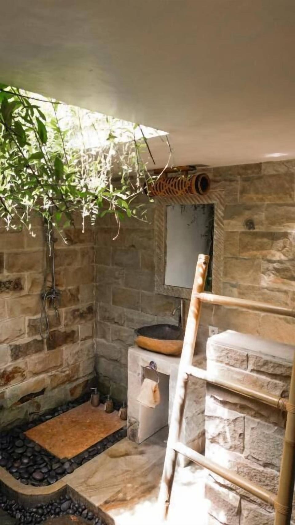 Shower, slippers, towels, soap