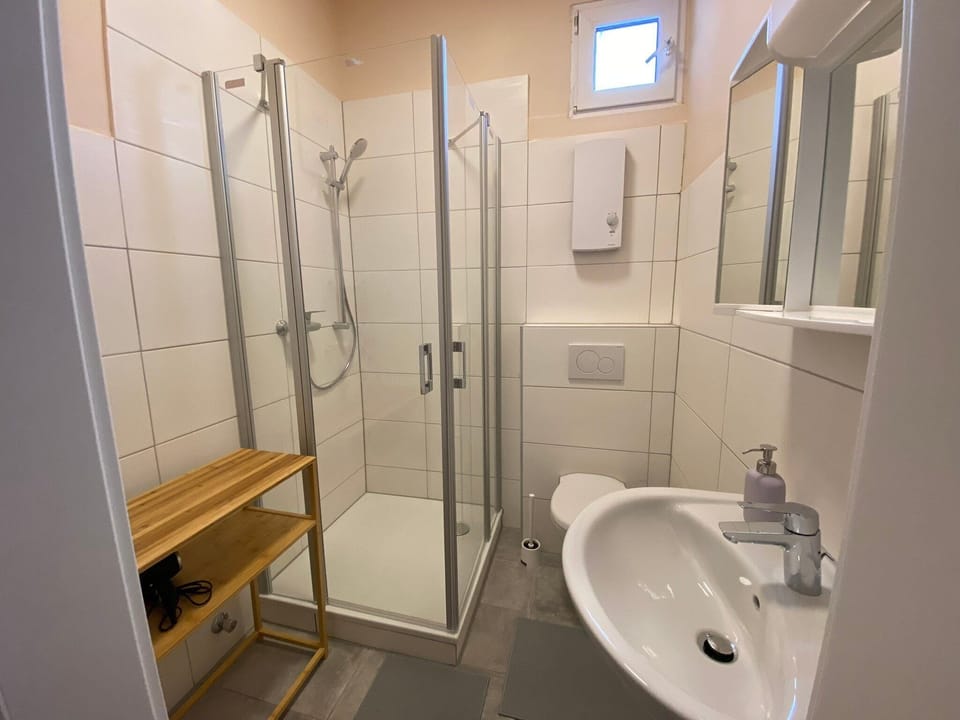 Shower, hair dryer, towels
