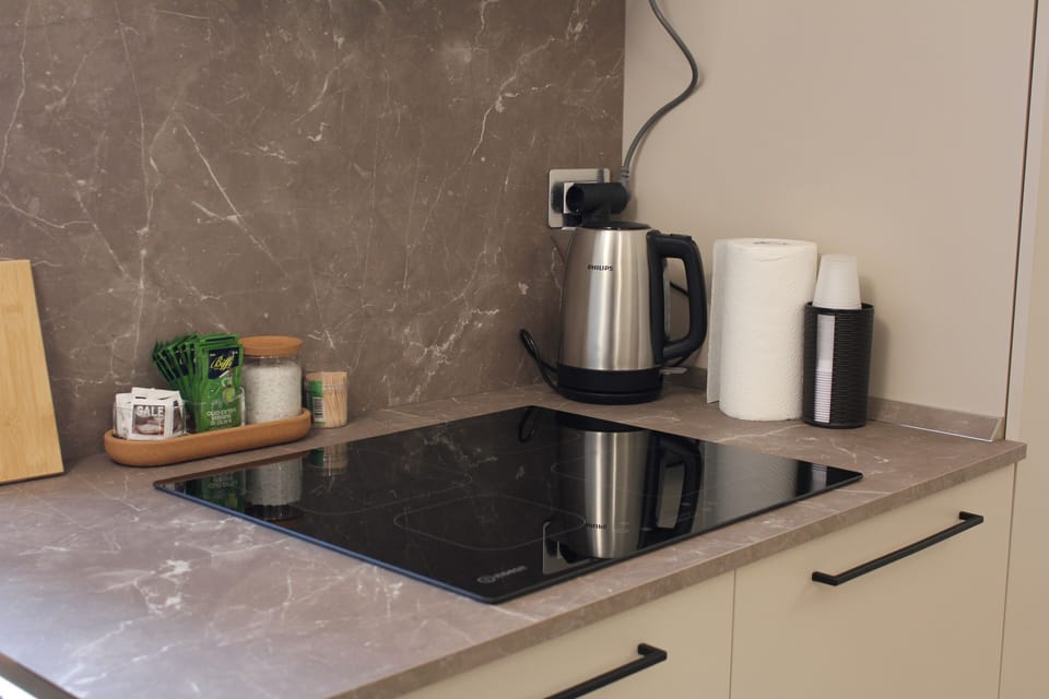 Fridge, microwave, stovetop, cookware/dishes/utensils