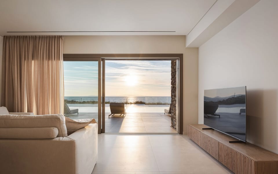Villa, Sea View | Living room | 50-inch Smart TV with satellite channels, Netflix, streaming services
