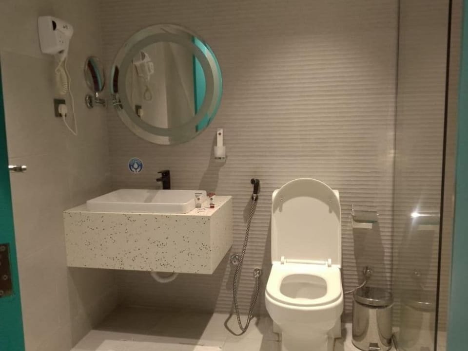 Hair dryer, slippers, bidet, towels