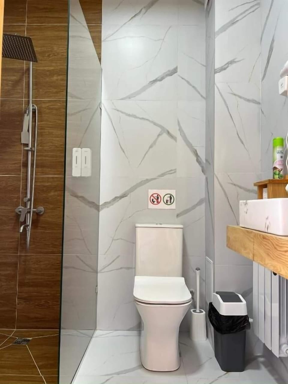 Shower, hair dryer, towels, shampoo