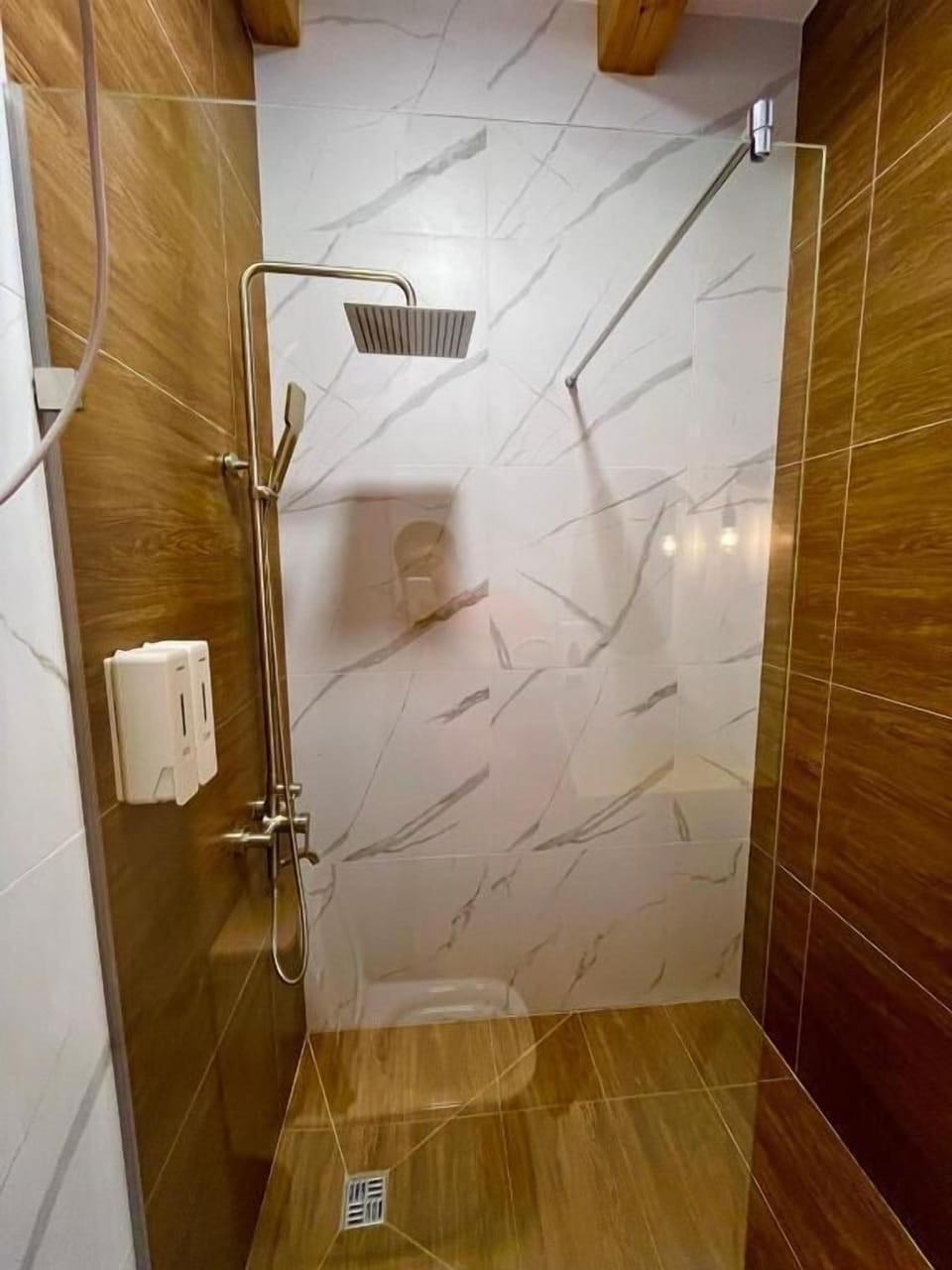Shower, hair dryer, towels, shampoo