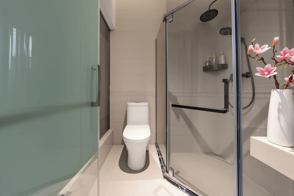 Hair dryer, slippers, bidet, towels