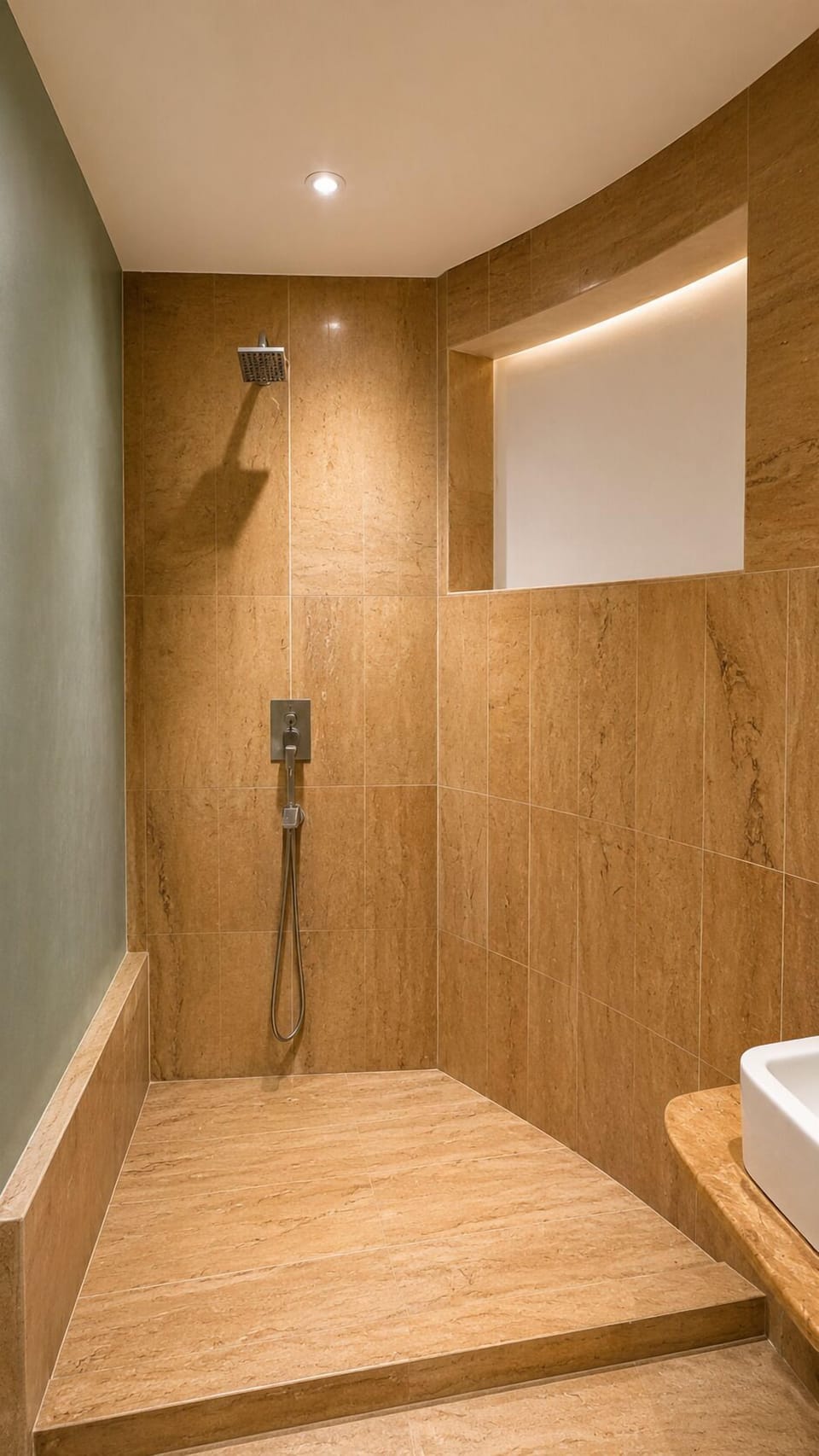 Shower, slippers, towels, soap