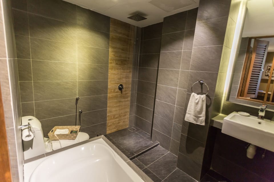 Shower, rainfall showerhead, free toiletries, hair dryer