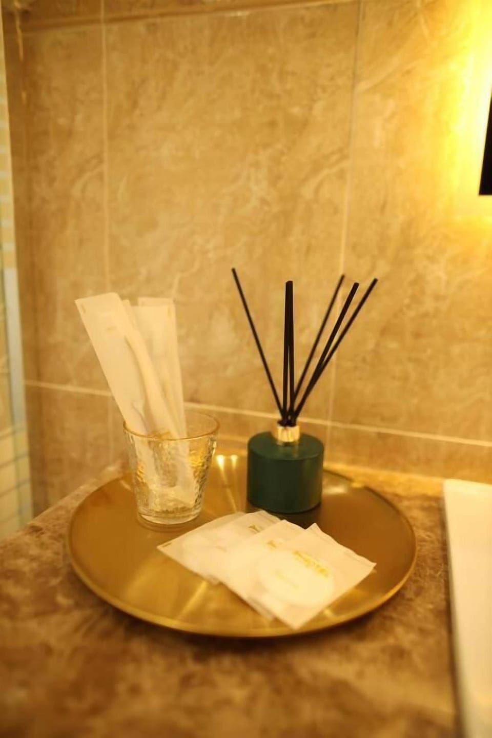 Hair dryer, slippers, towels, soap