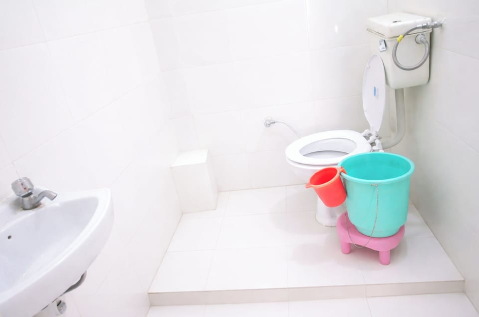 Shower, rainfall showerhead, slippers, bidet