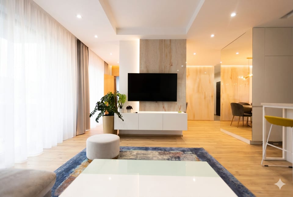 Premium Apartment, Balcony, River View | Living area | 55-inch Smart TV with digital channels