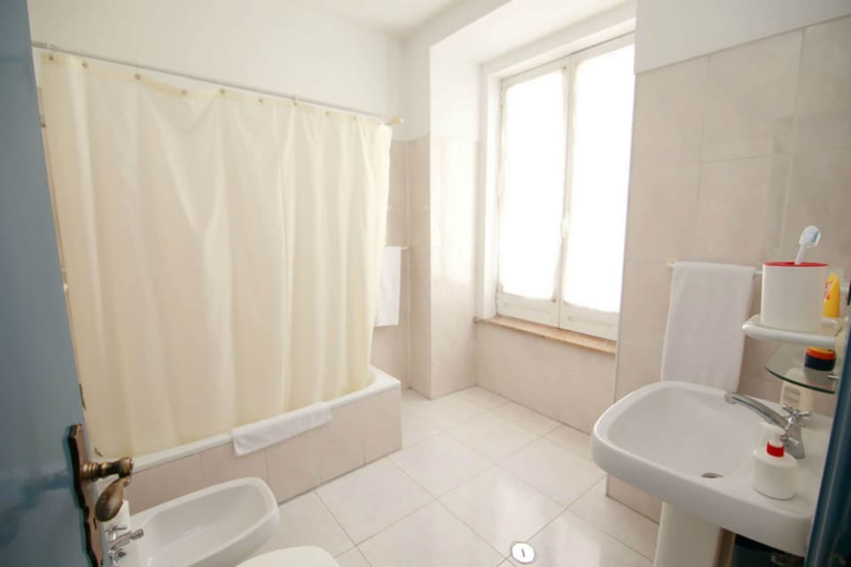 Combined shower/tub, hair dryer, towels