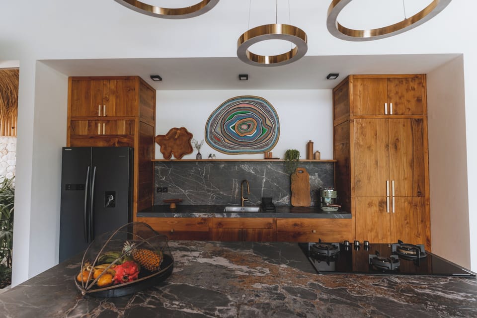 Fridge, oven, cookware/dishes/utensils