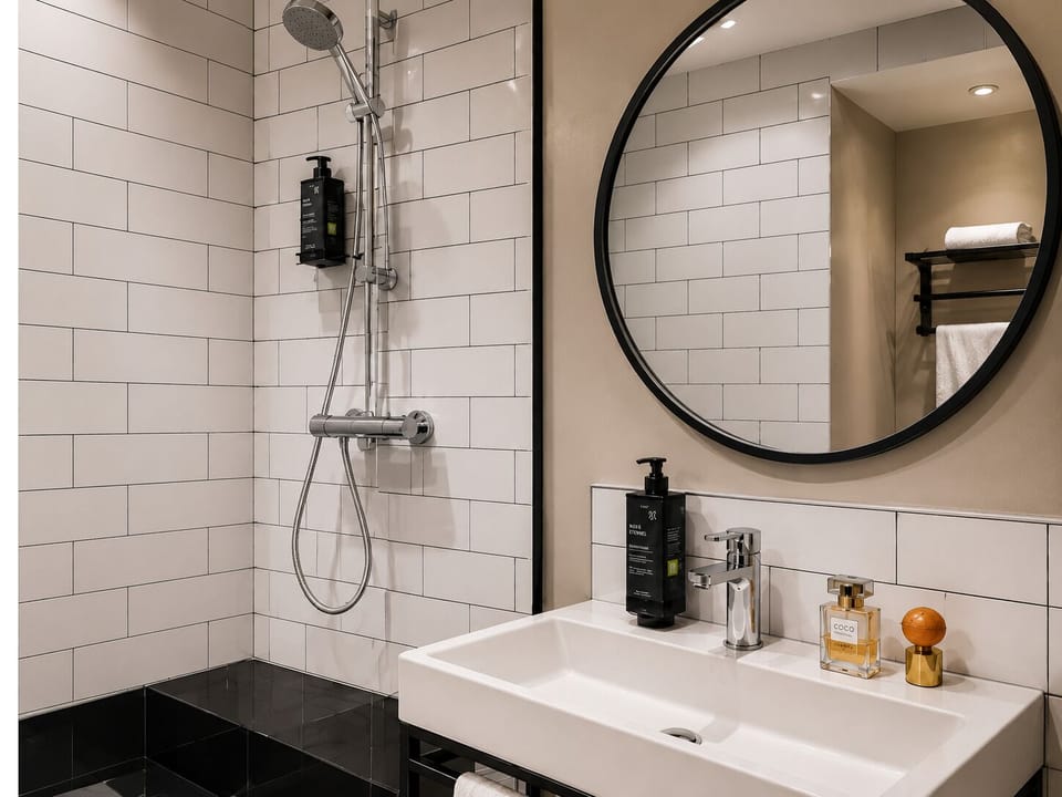 Hair dryer, towels, soap, shampoo