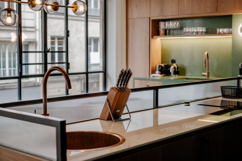 Family Apartment, City View | Private kitchen | Full-size fridge, microwave, oven, stovetop
