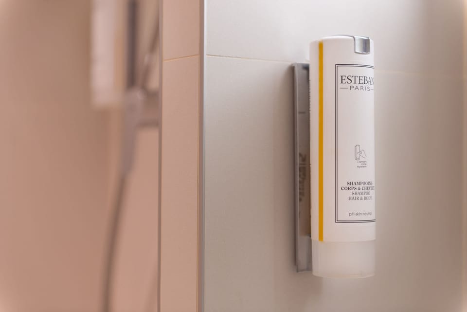 Hair dryer, towels, soap, shampoo