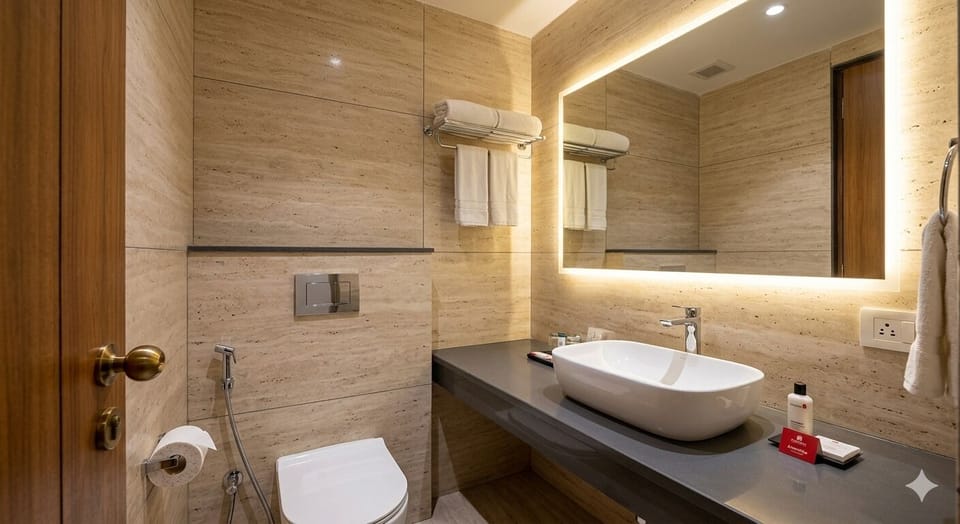 Separate tub and shower, hair dryer, towels, soap