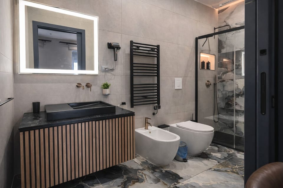 Hair dryer, bidet, towels, soap