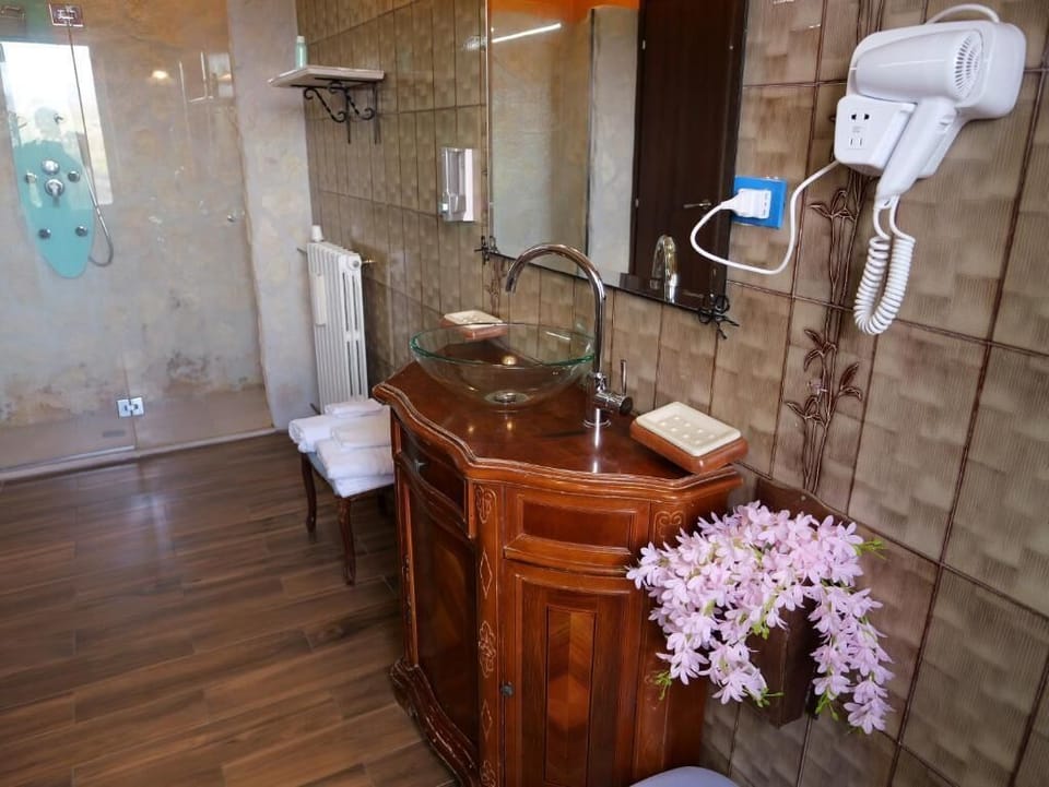 Shower, free toiletries, hair dryer, towels