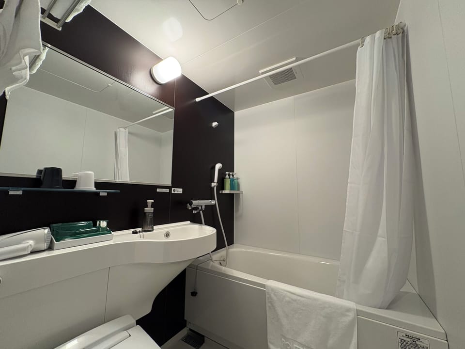 Combined shower/tub, free toiletries, hair dryer, slippers