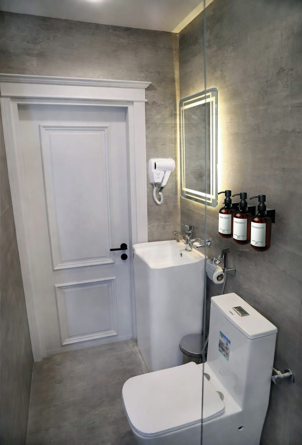 Shower, hair dryer, slippers, towels
