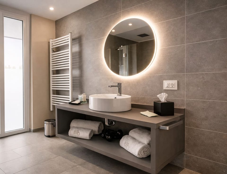 Suite | Bathroom | Shower, hair dryer, slippers, towels