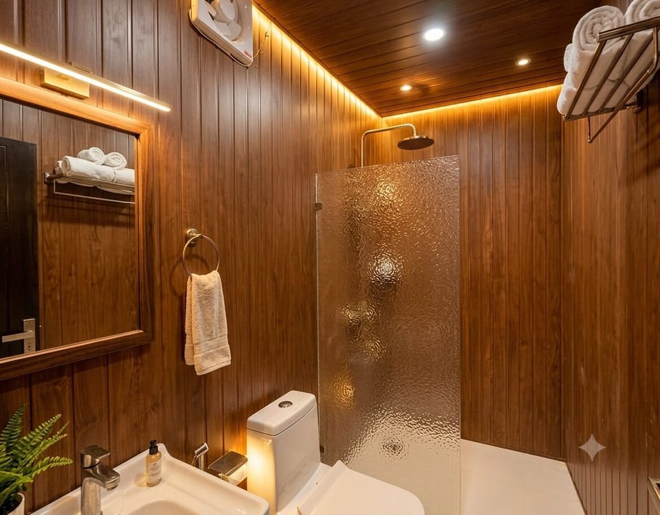 Shower, free toiletries, towels, soap