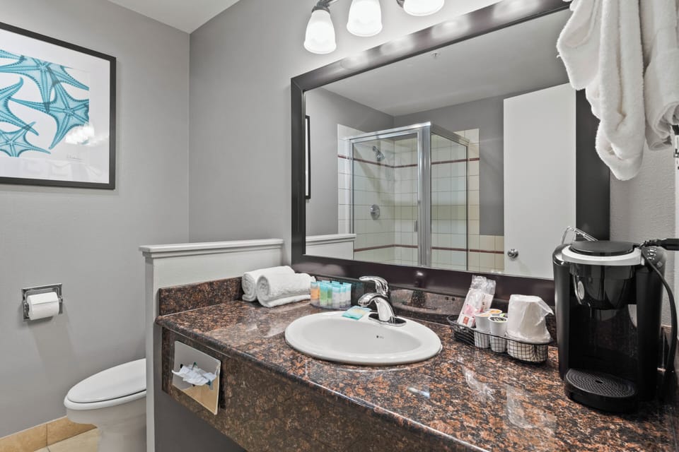 Separate tub and shower, hair dryer, towels, soap
