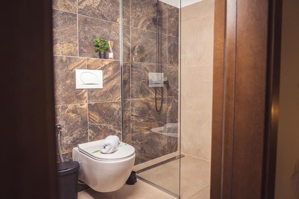 Shower, hair dryer, slippers, towels