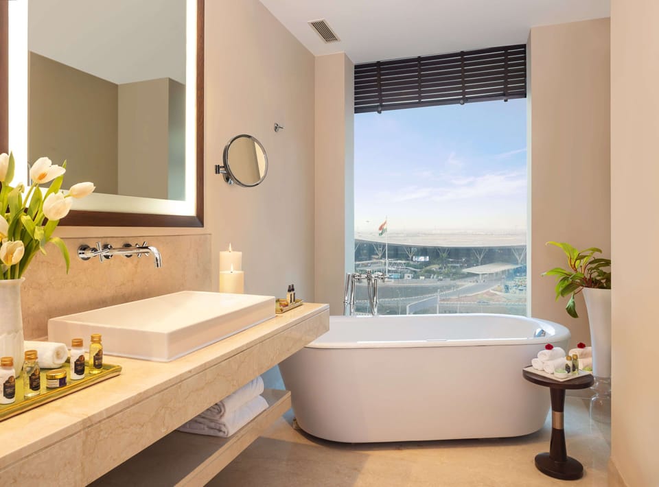Combined shower/tub, free toiletries, hair dryer, bathrobes
