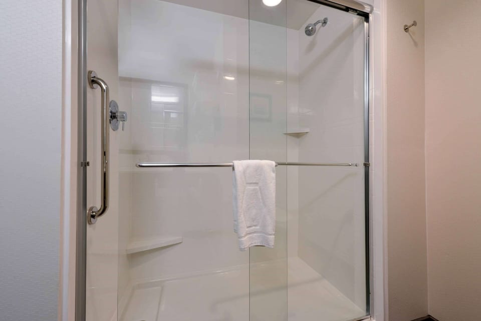 Combined shower/tub, free toiletries, hair dryer, towels