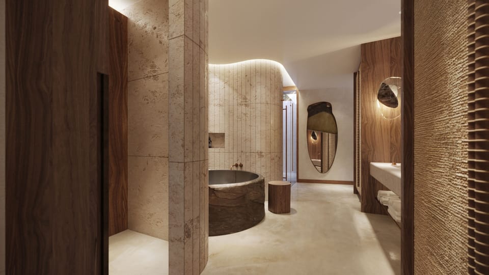 Shower, rainfall showerhead, designer toiletries, hair dryer