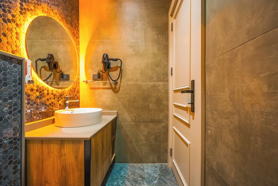 Shower, slippers, towels, soap