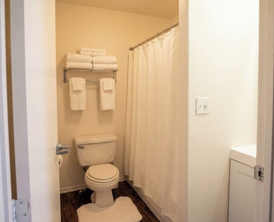 Deluxe Studio Suite | Bathroom | Hair dryer, towels, soap, shampoo