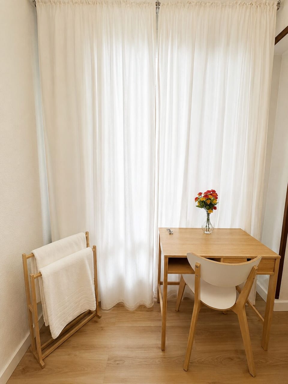 Premium bedding, down comforters, desk, laptop workspace