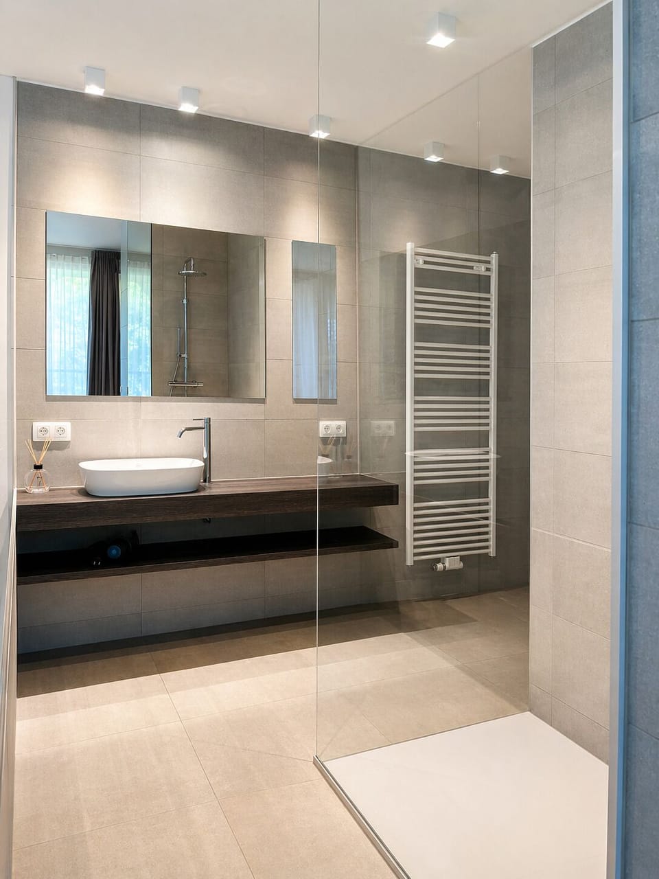 Shower, hair dryer, slippers, towels