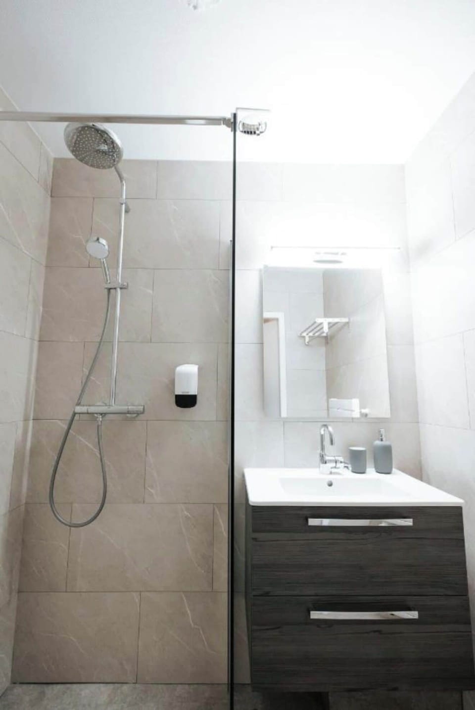 Hair dryer, towels, soap, shampoo