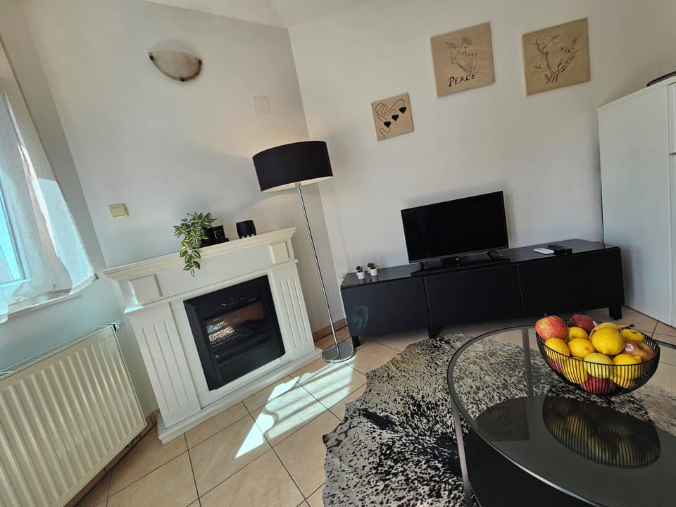 Basic Apartment, Sea View | Living area | 15-inch flat-screen TV with cable channels, fireplace, table tennis