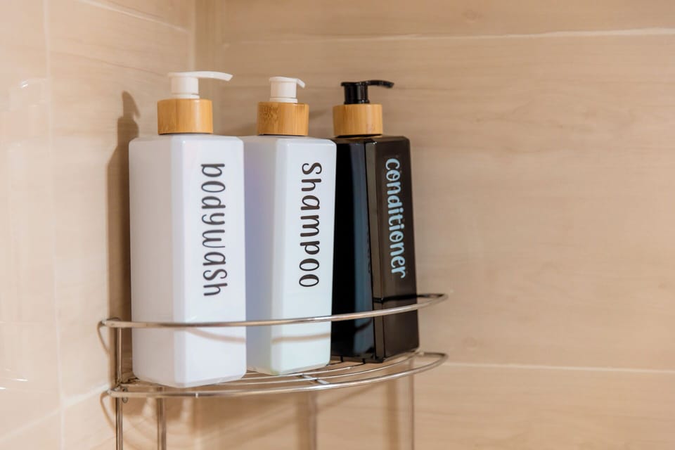 Shower, free toiletries, hair dryer, towels