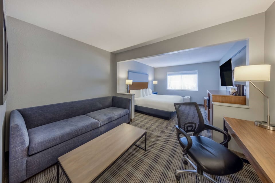 Suite, 1 King Bed, Non Smoking | Desk, laptop workspace, blackout drapes, iron/ironing board