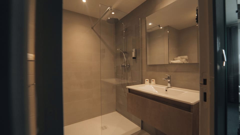 Combined shower/tub, free toiletries, hair dryer, towels