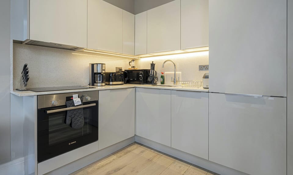 Elite Apartment | Private kitchen | Full-size fridge, microwave, oven, stovetop