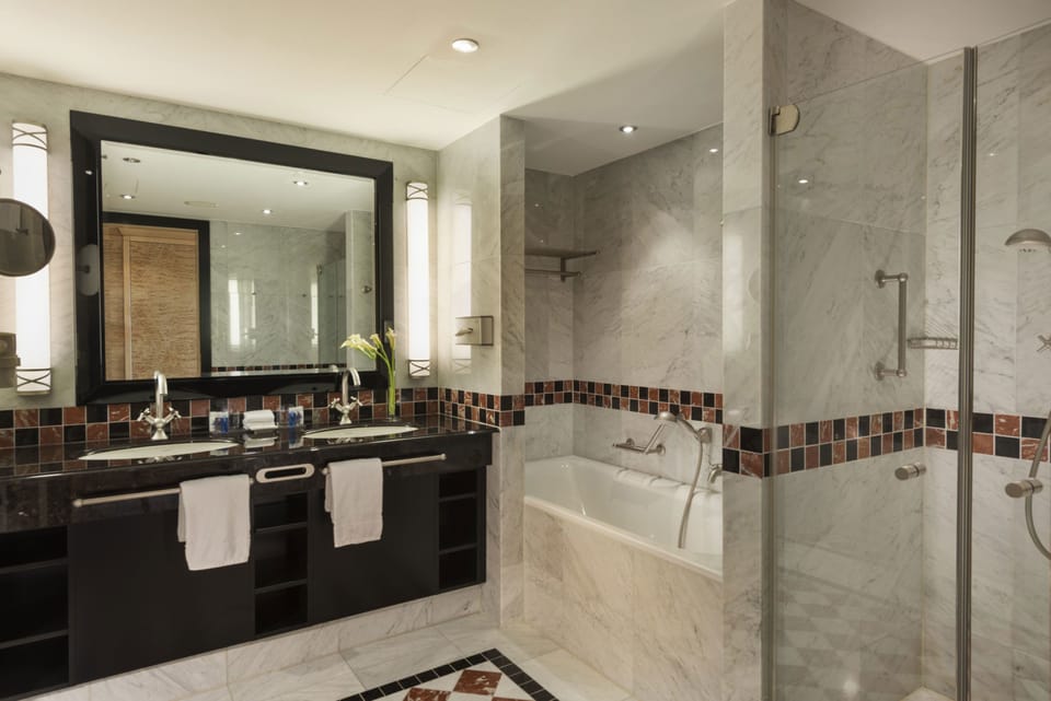 Combined shower/tub, hair dryer, bidet, towels