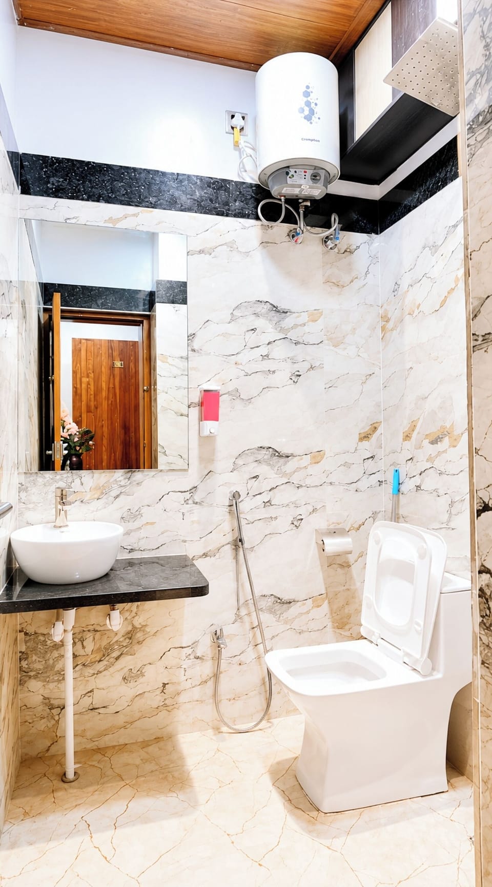 Shower, rainfall showerhead, slippers, towels