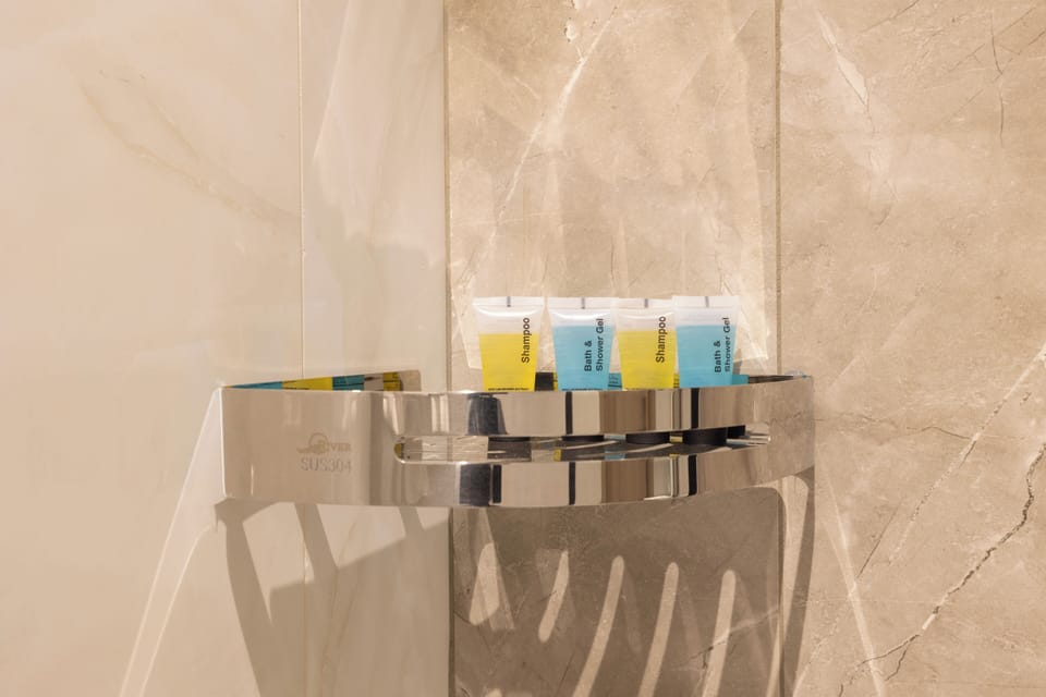 Hair dryer, towels, soap, shampoo