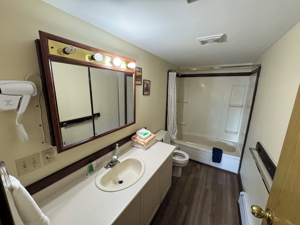 Standard Double Room, 2 Queen Beds, Non Smoking | Bathroom | Combined shower/tub, hair dryer, towels, soap
