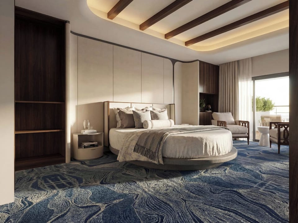 Minibar, desk, bed sheets