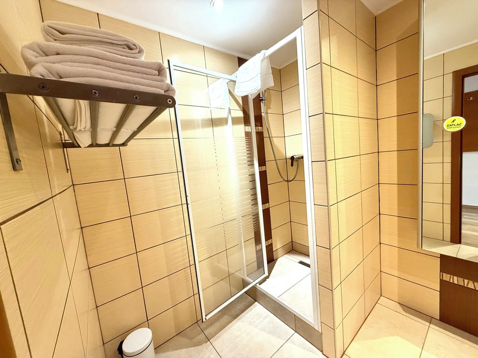 Comfort Quadruple Room | Bathroom | Separate tub and shower, towels, soap, shampoo