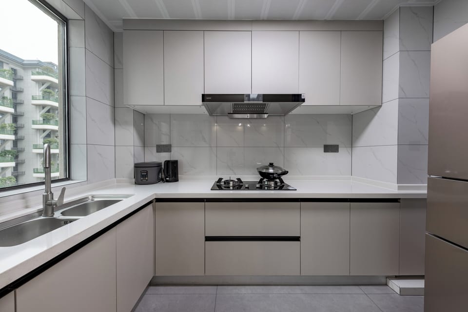 Full-size fridge, oven, rice cooker, cleaning supplies